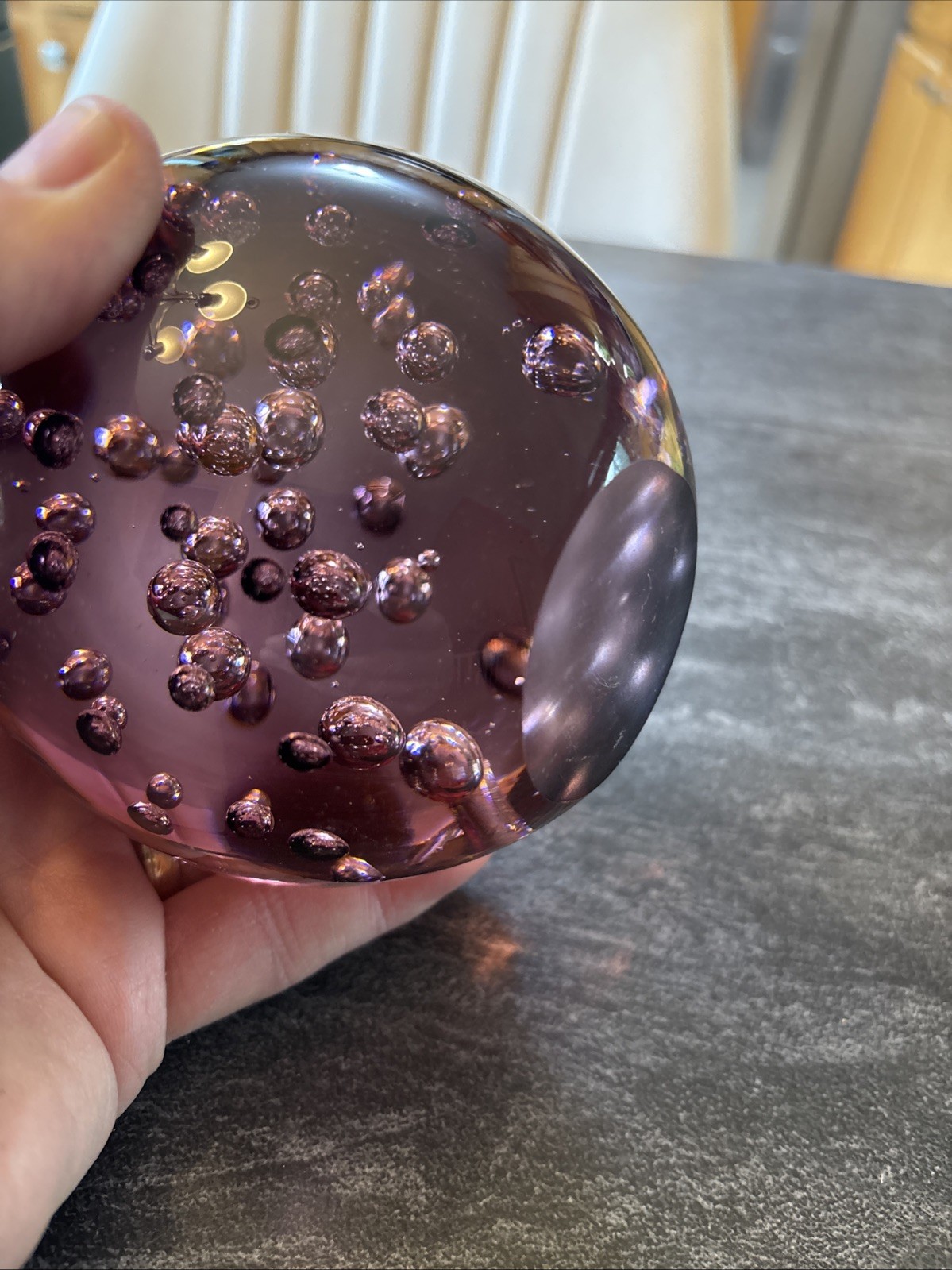 Vintage Round Purple Controlled Trapped Bubble Paperweight 4.5” EUC #DD