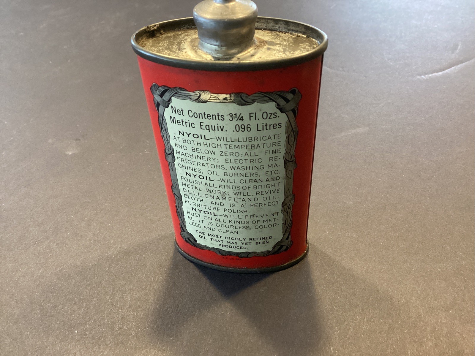 NOS NYOIL Lead Top Handy Oiler Red Oil Can w/ Whale Scene Free Ship
