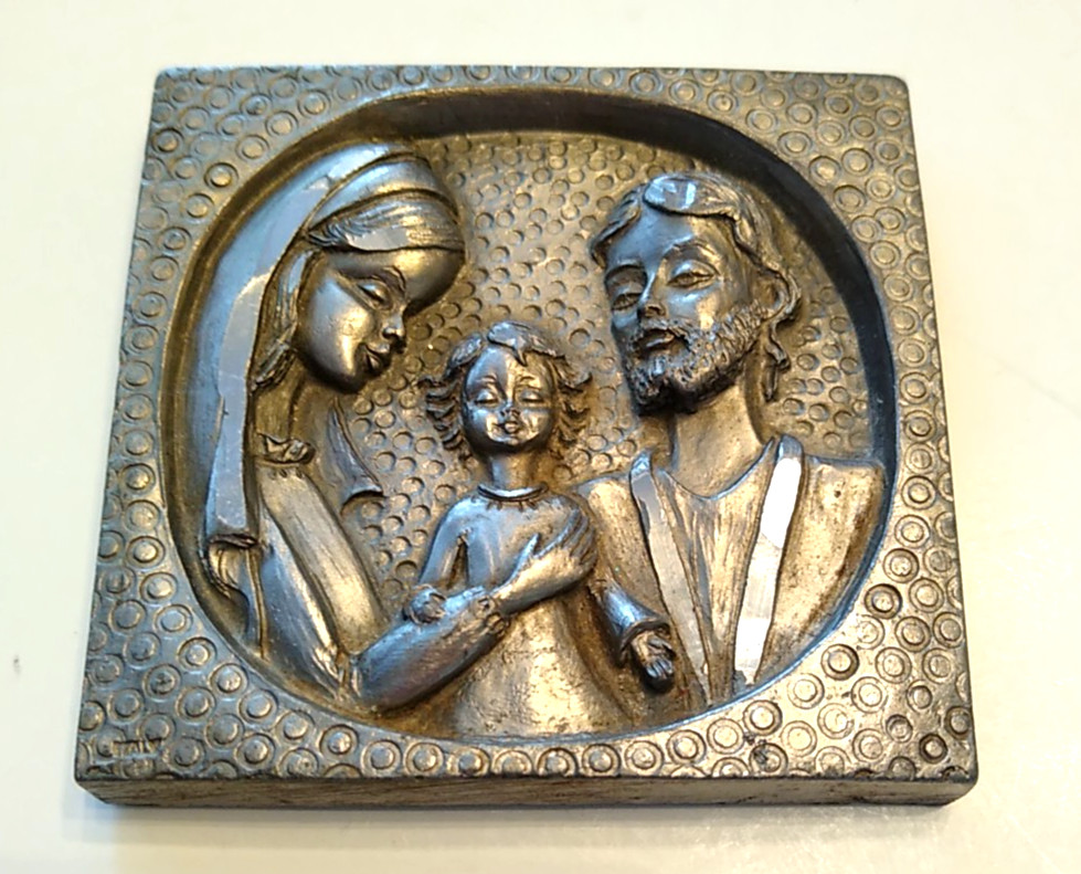 Vintage Peltro Holy Family Hand Chiseled Solid Pewter Made In Italy 3″ Square