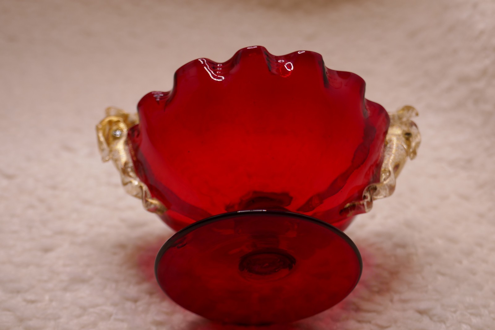Vtg Pair of Venetian Salviati Ruby Red & Dolphin Handled Glass Salt Cellars