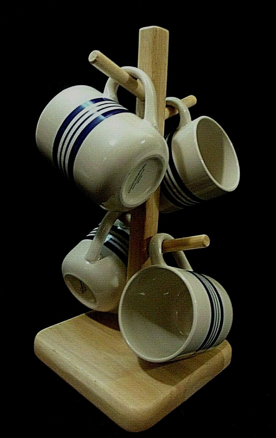 SOLID WOOD MUG TREE with DOWEL PEGS and FOUR (4) STRIPED STONEWARE COFFEE MUGS
