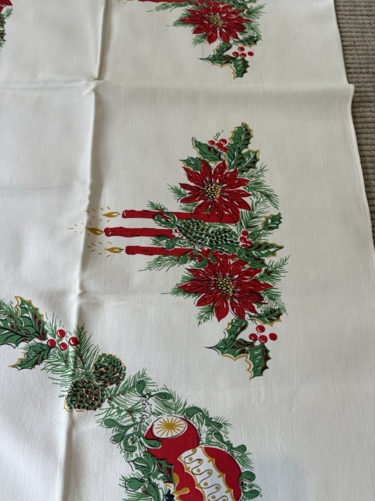 Vintage Christmas Tablecloth 60”x52” Garland, Candles, Bells, Perfect Condition