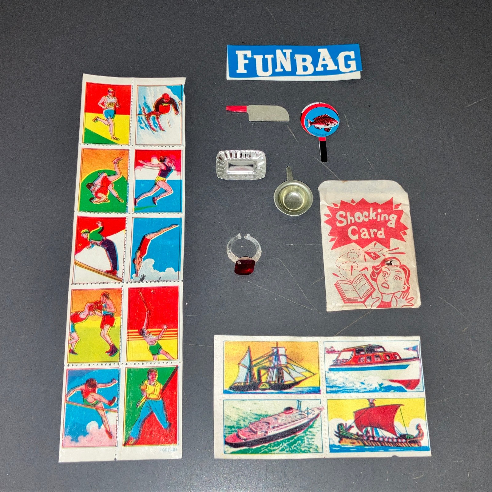 Japanese 1950-1960s FUNBAG Dagashiya Toys Omake Surprises Charms Premiums Cards!