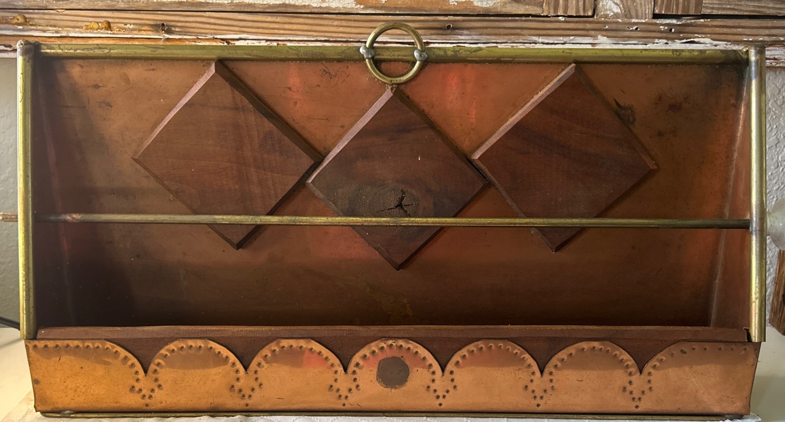Tramp Art/ Copper Wood Spice Rack Or Letter Holder Unique Vintage