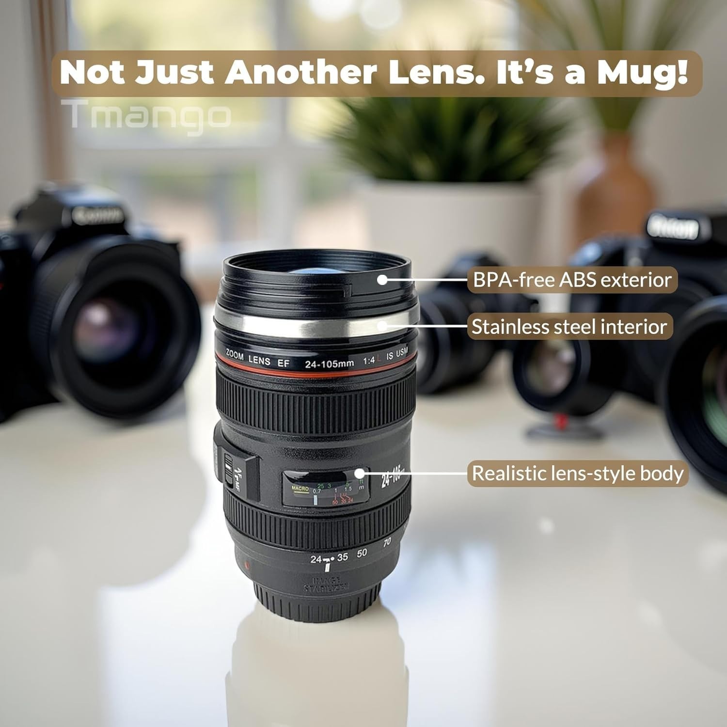 Black Camera Lens Mug with Clear Lid & Spoon, Unique Gift for Coffee Enthusiasts