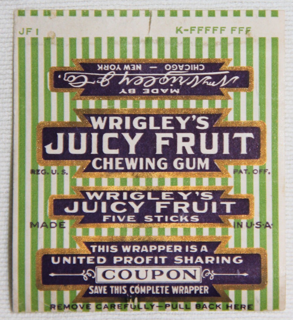 ORIGINAL WWII WRIGLEY’S JUICY FRUIT CHEWING GUM WRAPPER W/ PROFIT SHARING COUPON
