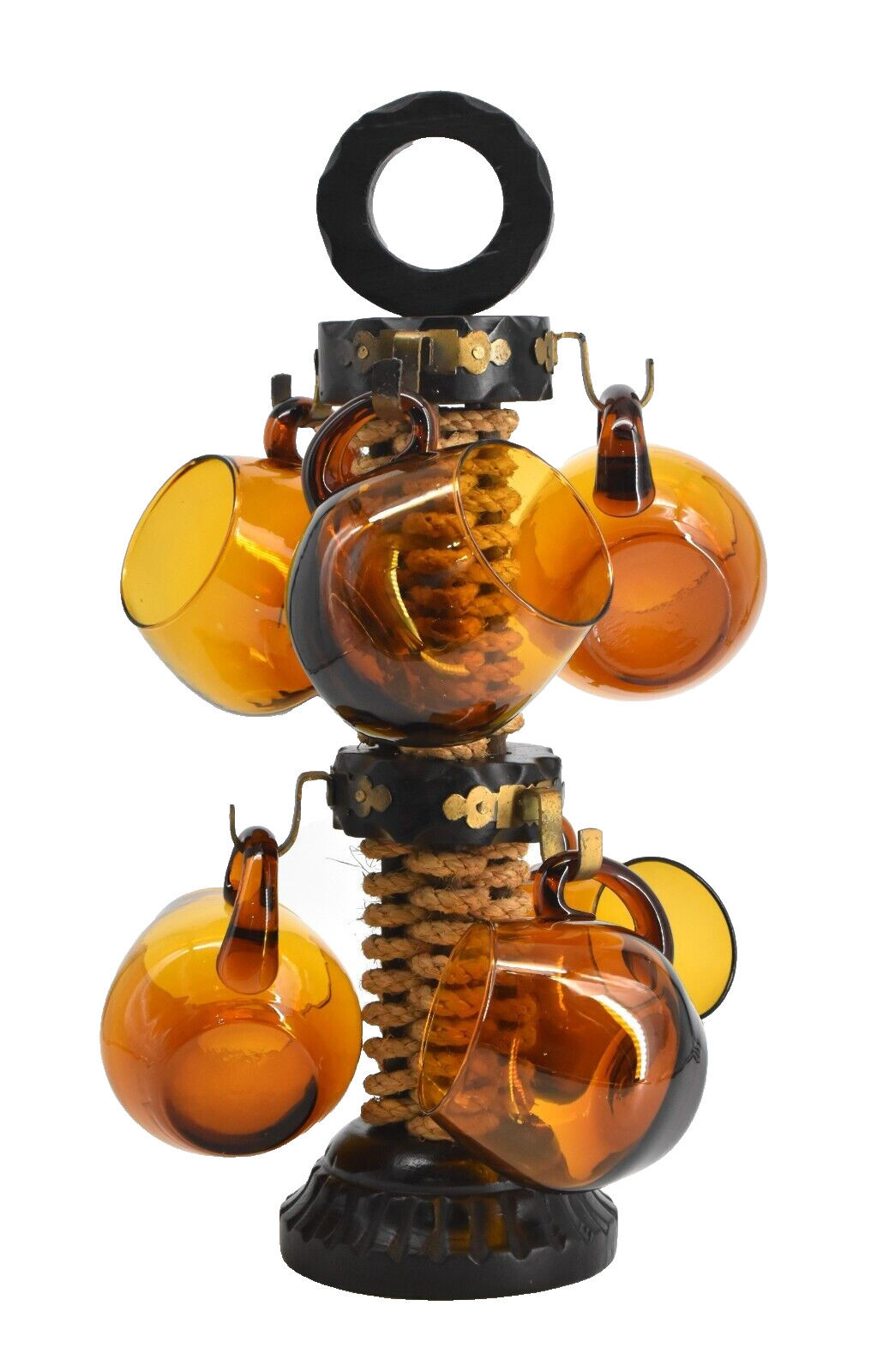 Set of 6 VTG 70s Art Glass Amber Mugs with Rope Wood Mug Tree Boho Brutalist