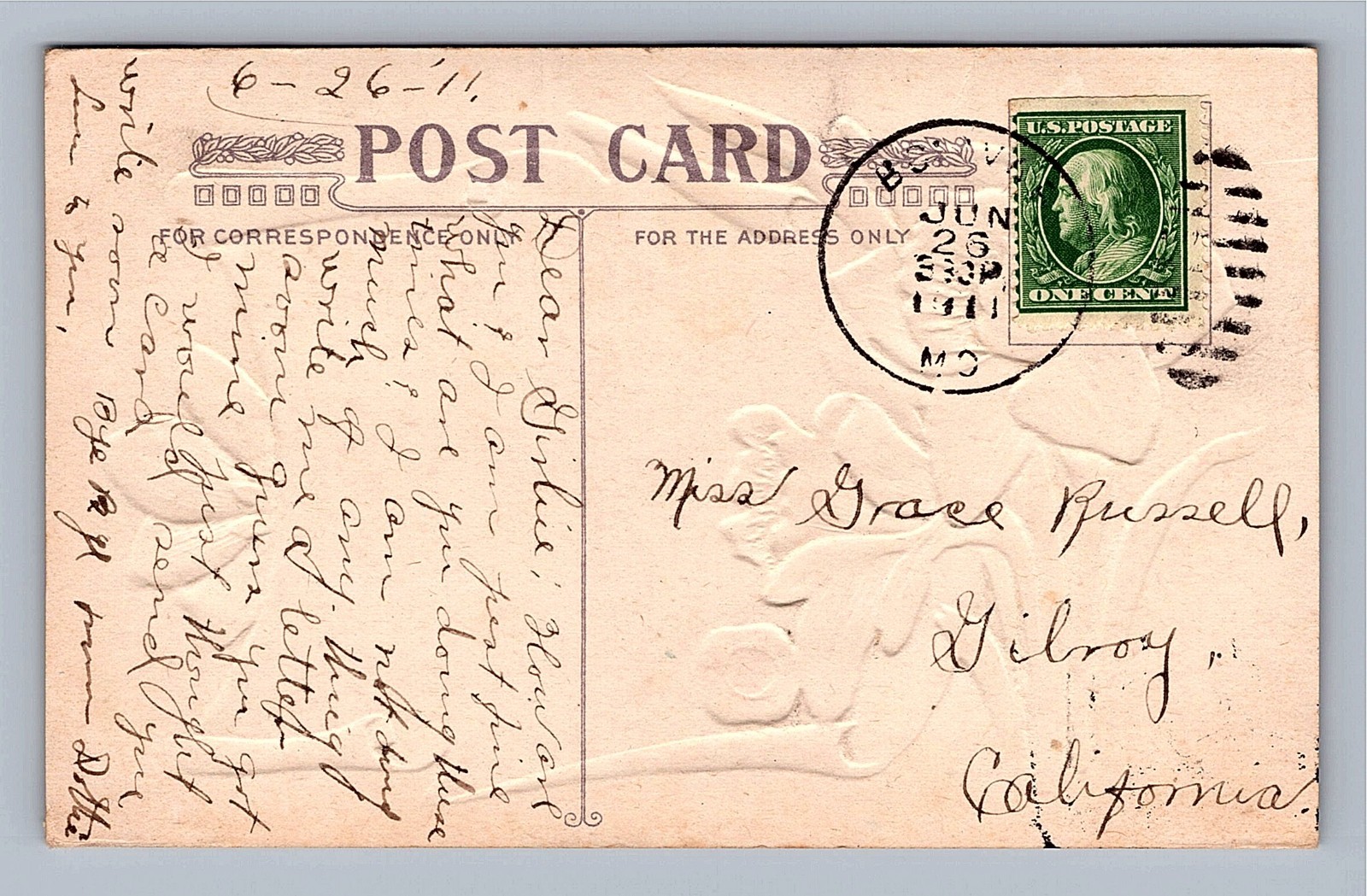 Loving Postcard, Daffodils with Romantic Message Posted Bolivar Mo Jun. 26, 1911