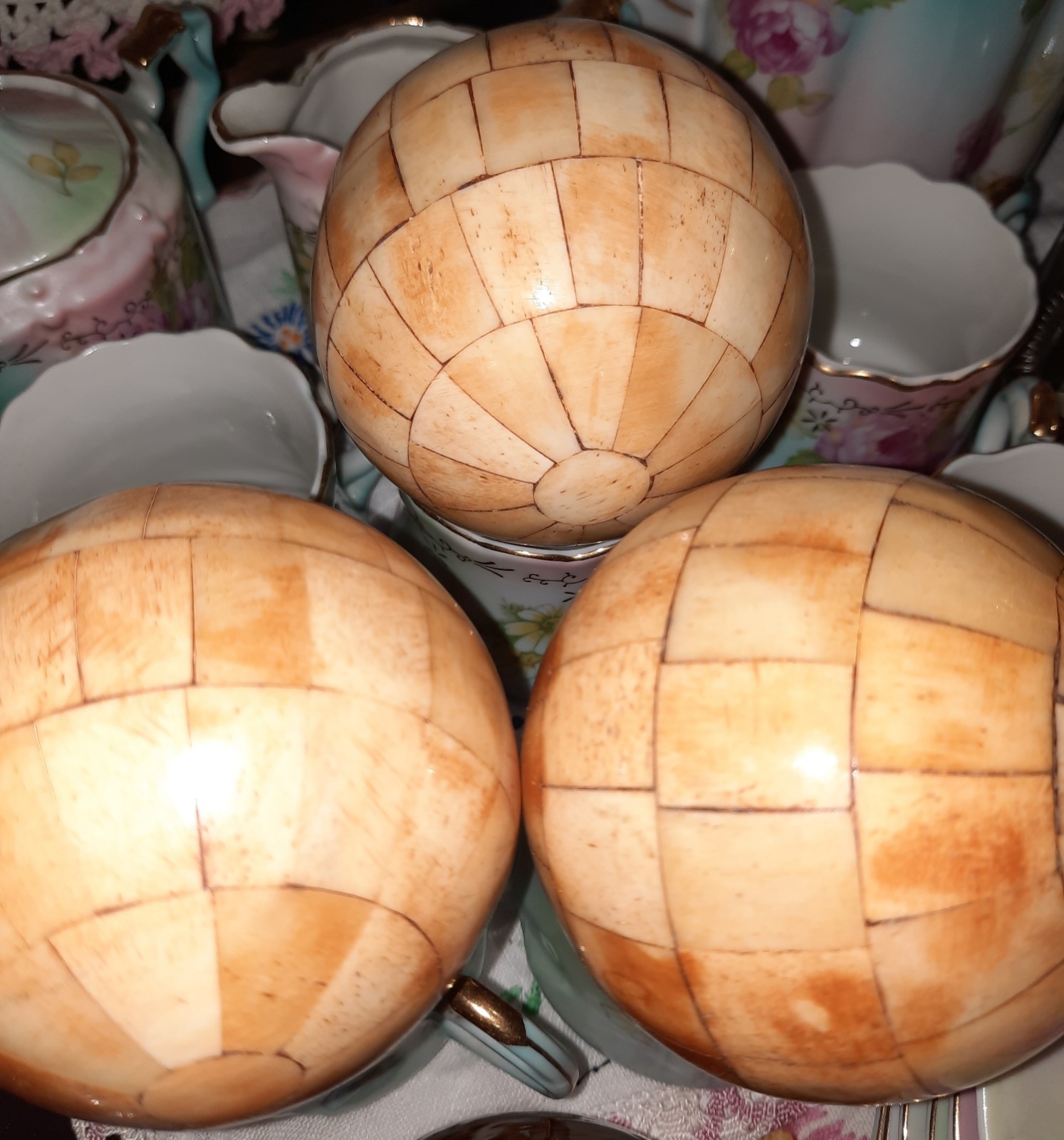 Set of 3 Vintage Inlaid Bovine Bone Carpet Balls 3.5 in.