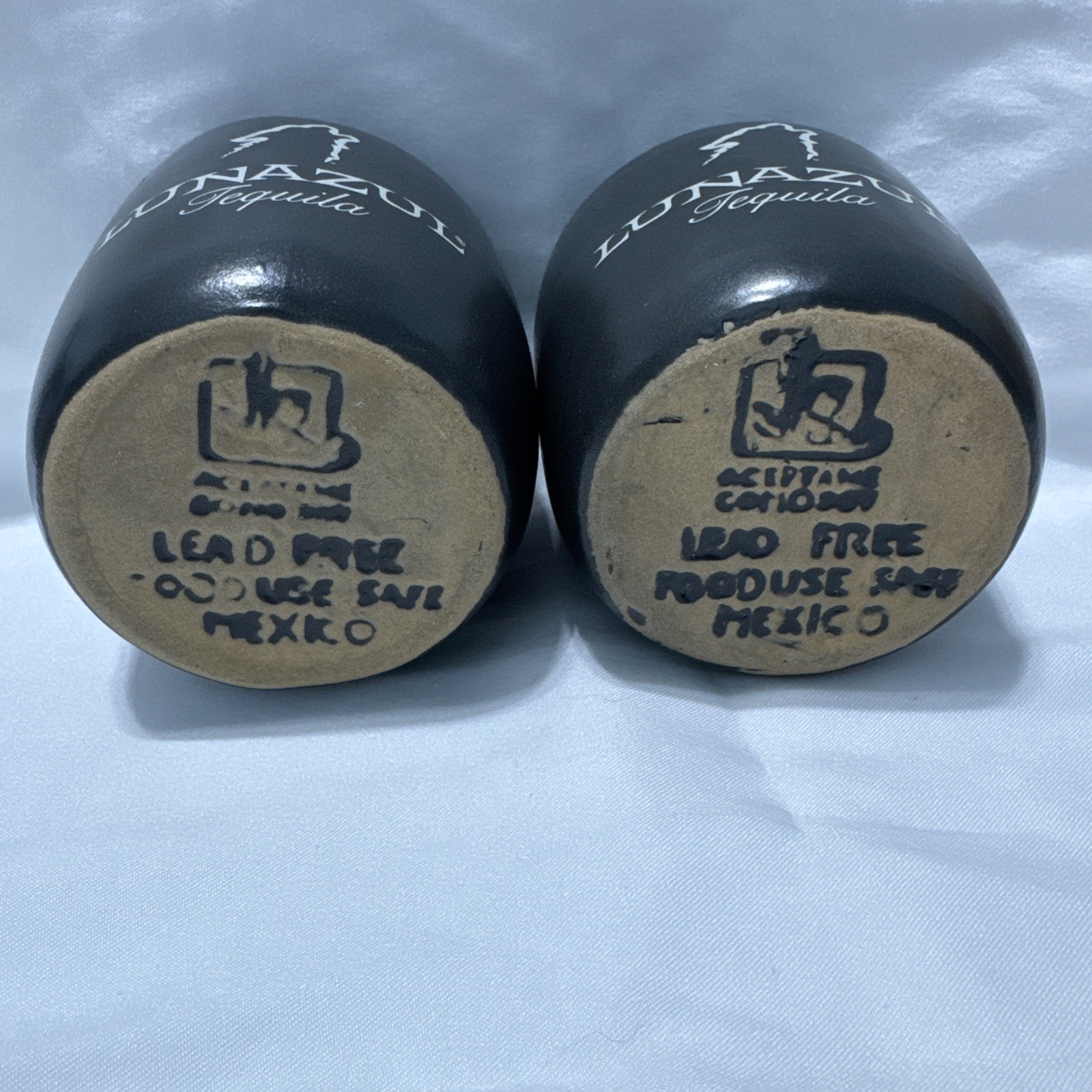 LUNAZUL Tequila Set Of 2 Hand Crafted Cantarito Terracotta Mugs Black Wolf Logo