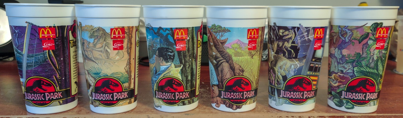 6 Jurassic Park McDonald’s Dinosaur Collector Cup Cups Lot Complete Set 1992