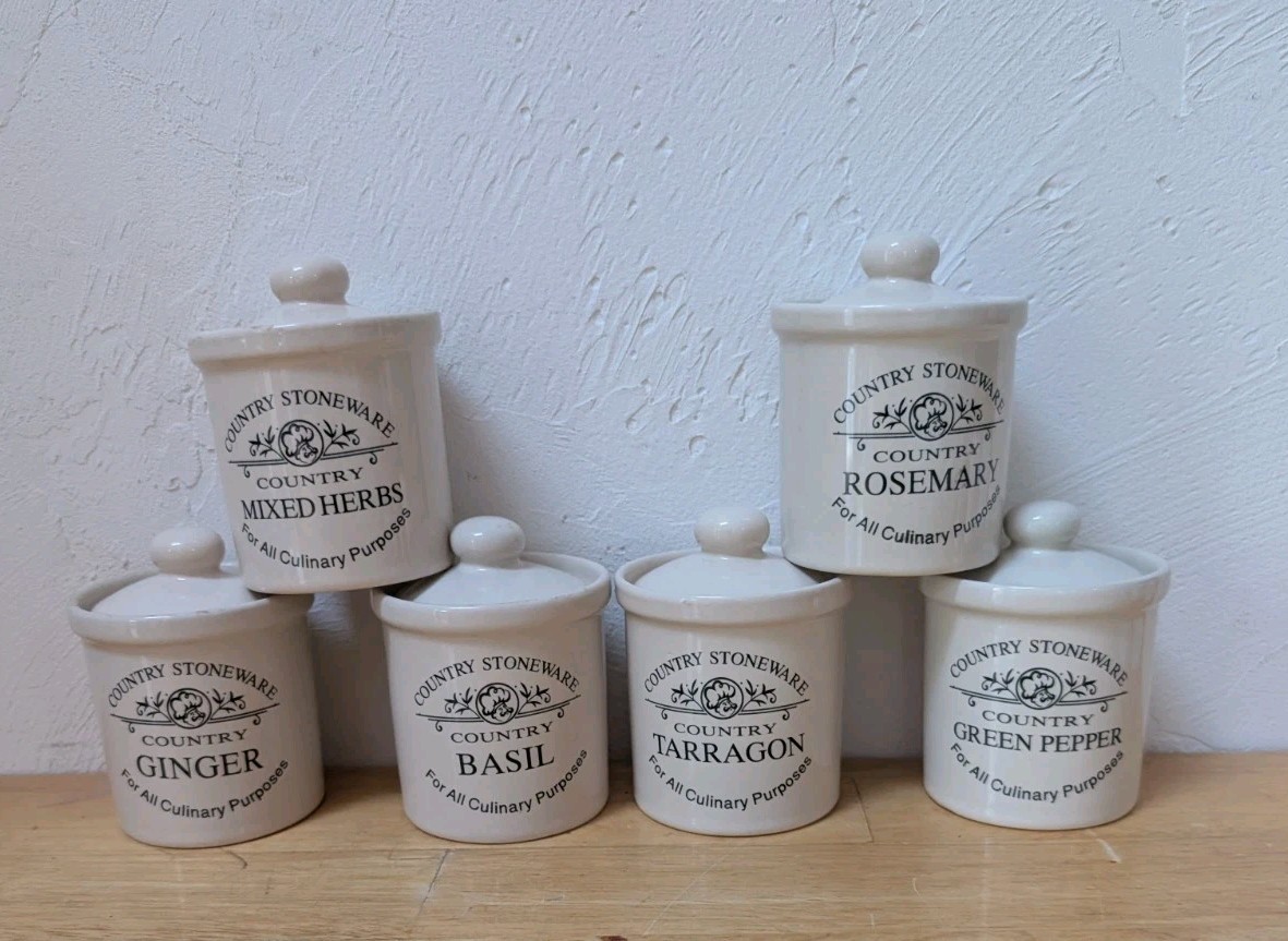 Country Stoneware Spice Jars Set of 6 with Lids Farmhouse