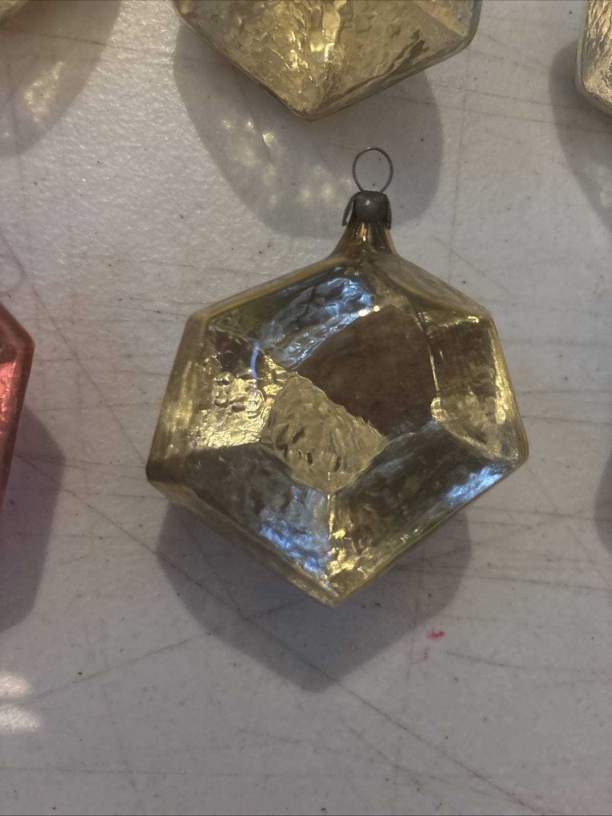 Set of 6 Vtg Ice Glass Geometric Hexagon Russian Christmas Ornaments ~3” Approx