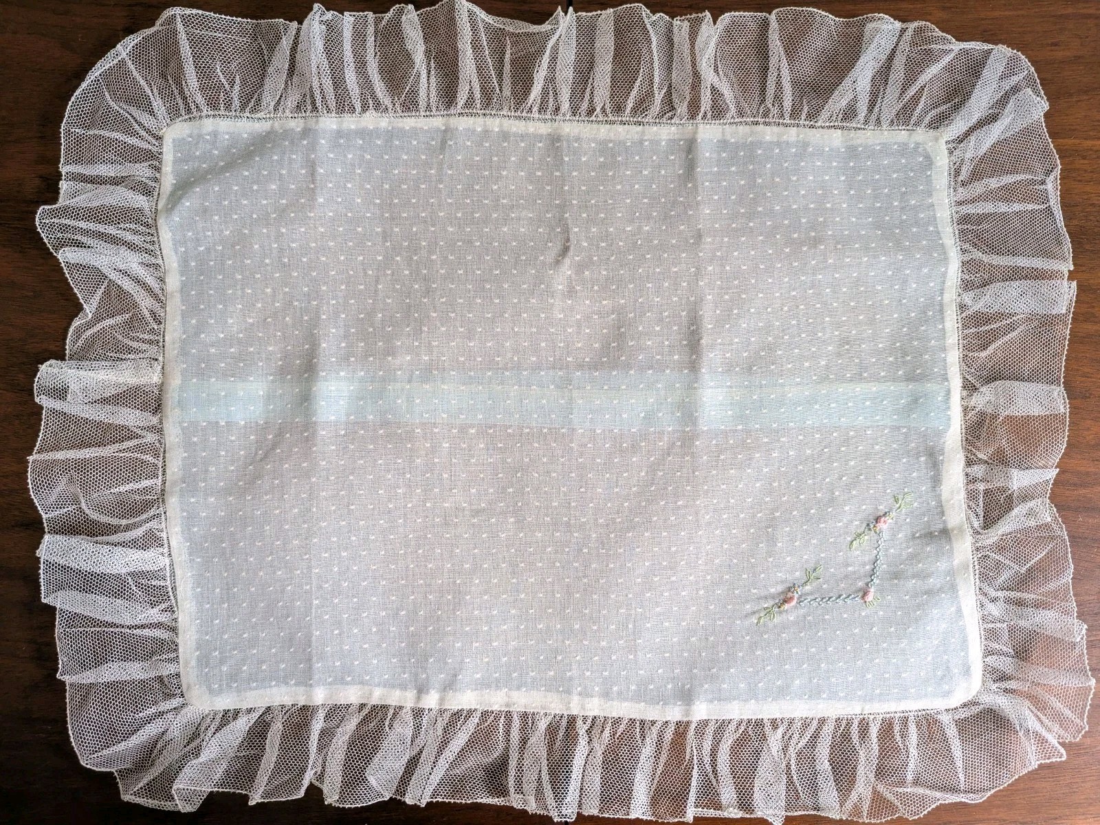 Vintage 40s 50s Sheer Ruffle Net Edge Pillow Sham Swiss Dot Boudoir Coquette