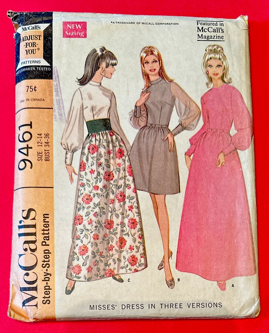 Vintage McCall’s Pattern 9461 Dress Fitted Bodice Puff Sleeve 60s 12-14 UNCUT