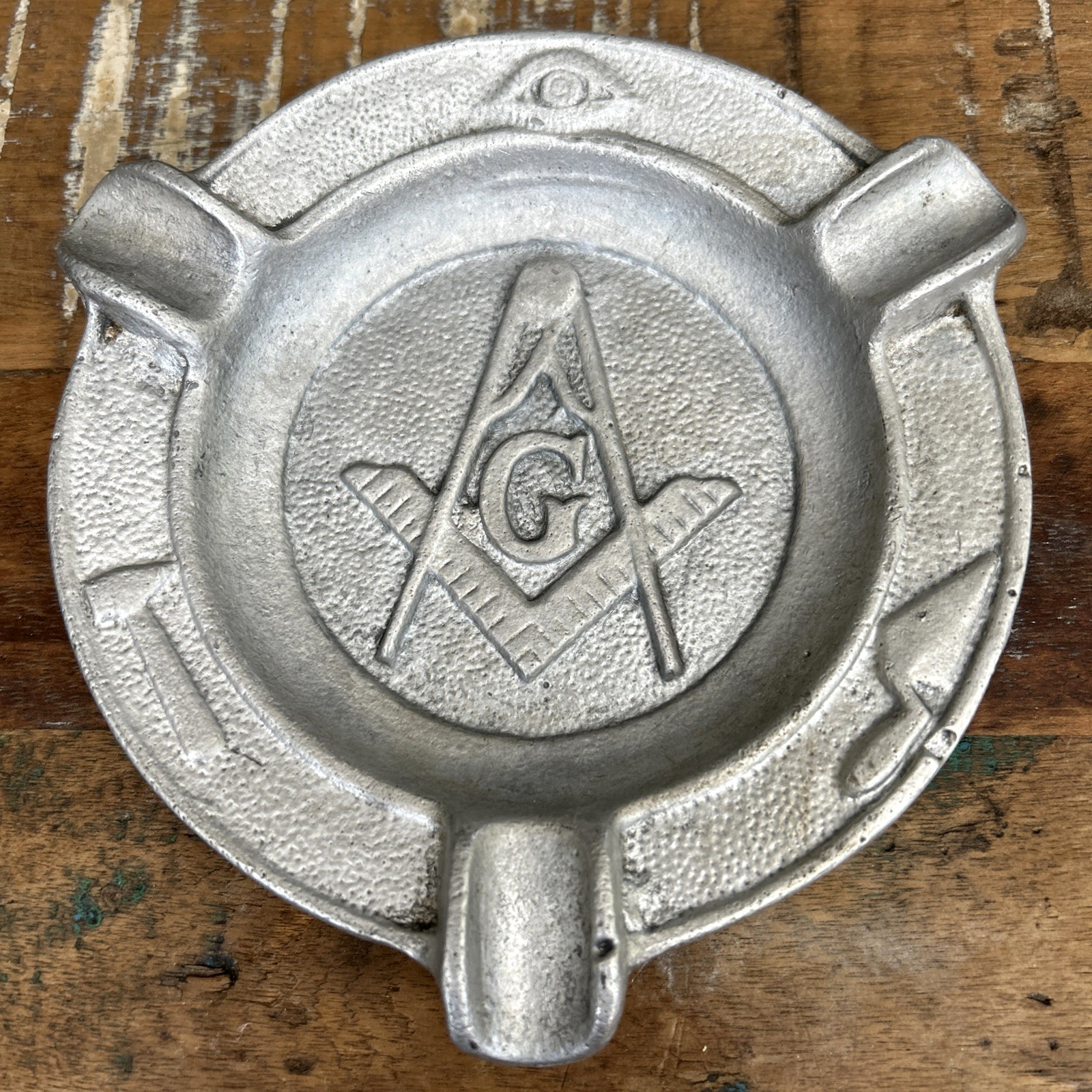 Vintage Masonic Freemason Aluminum Ashtray w/Square Compass All Seeing Eye Clean