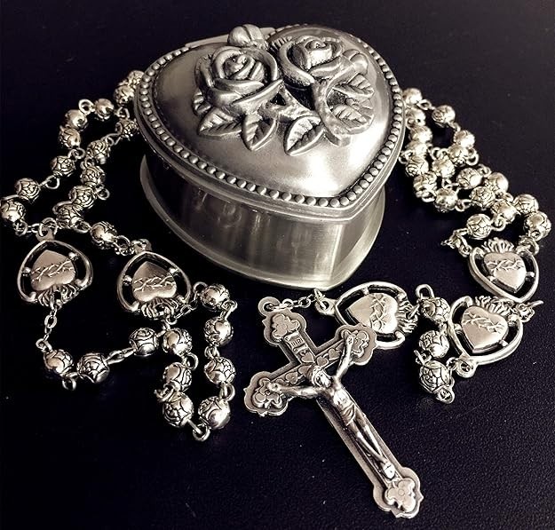 HANDMADE 925 Silver Rose Beads Catholic 5-Decade Rosary with Cross Gift Box Ital