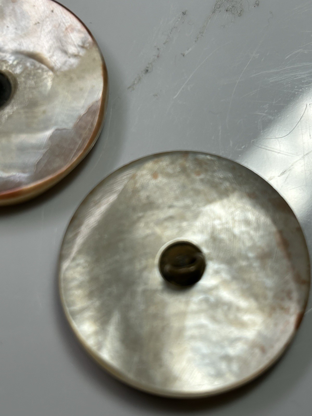Button 8 Brown gray iridescent round 6-1 3/8 in 2-1 1/8 in VTG