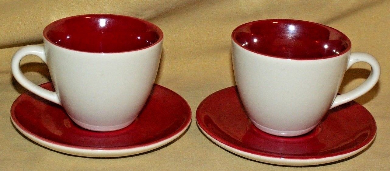 Starbucks Demi Demitasse 2 Cup 2 Saucer Red White Pearlescent Set 192162 3 Oz
