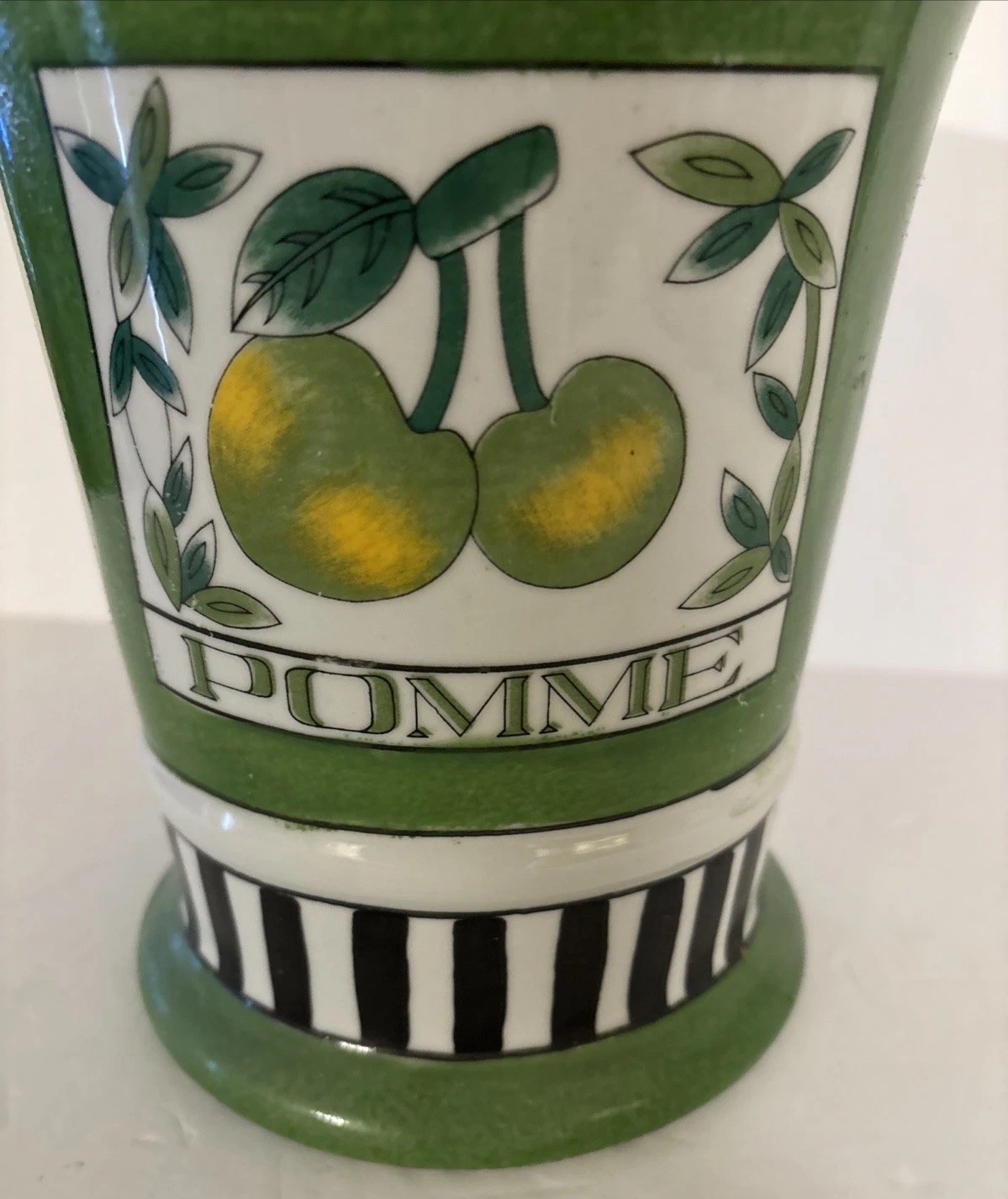 Vtg Ceramic Planter POMME French For Apple 8×8.25” Striped Black White Green