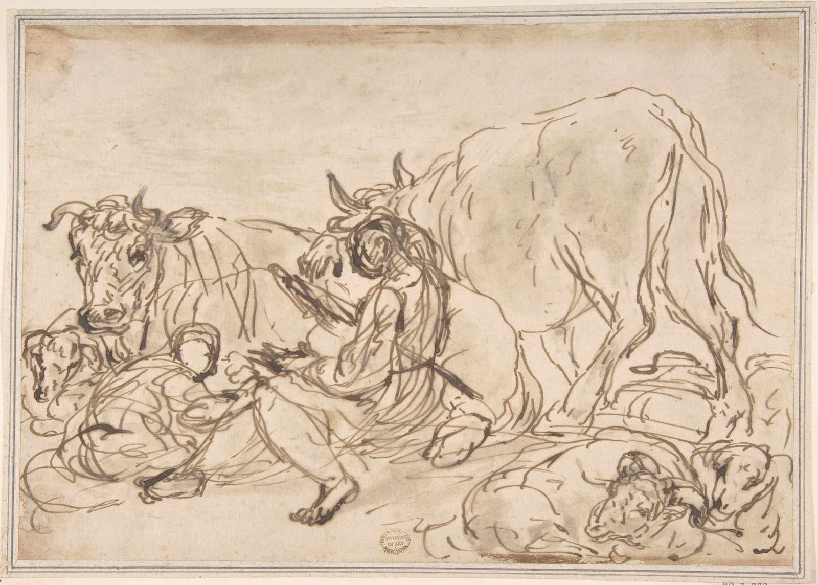 Italian Roman-Bolognese Figures with Cattle Vintage Art Reprint Wall Art