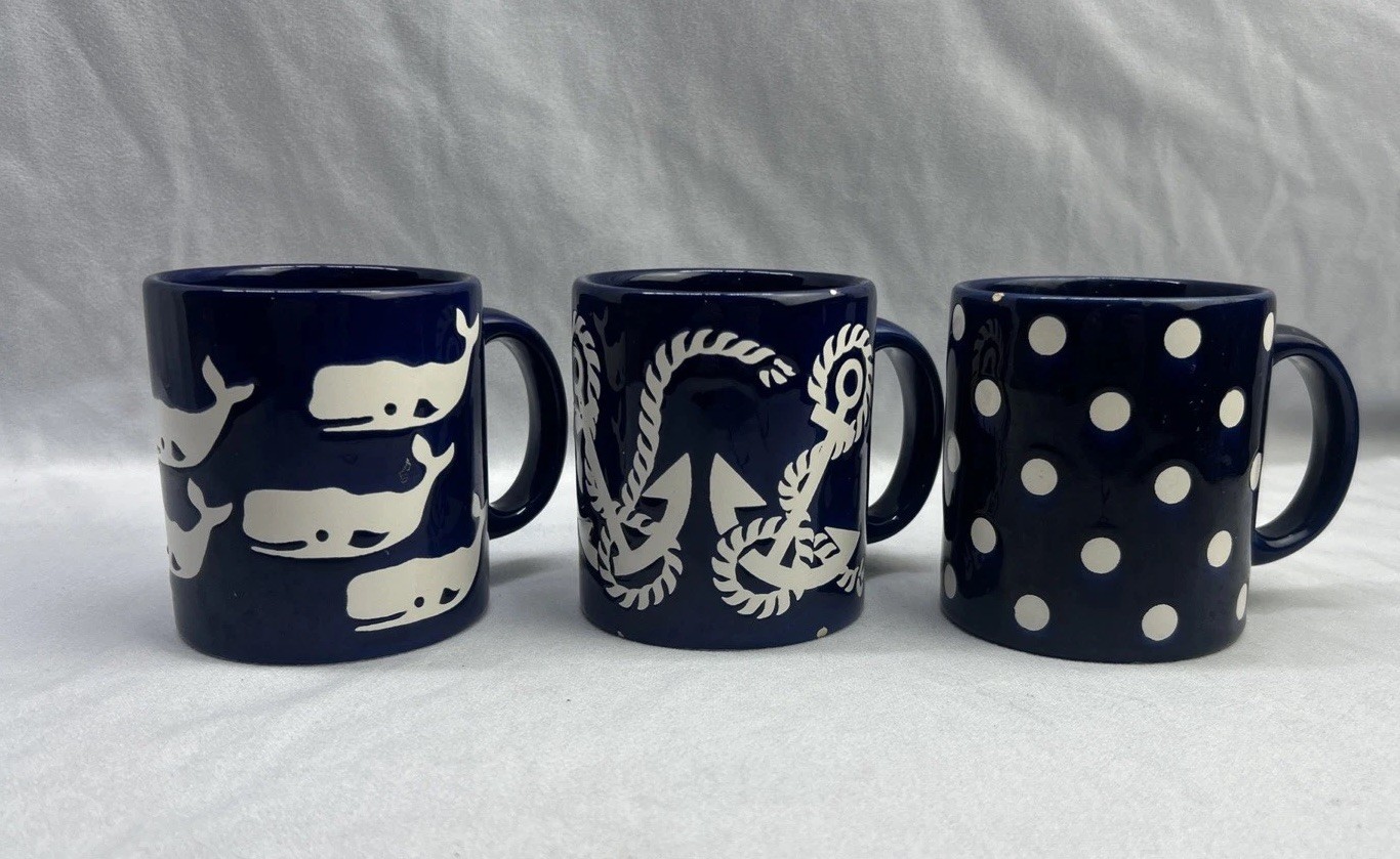 Waechtersbach Blue Nautical Mug Lot of 3 Sperm Whales Anchors & Polka Dots