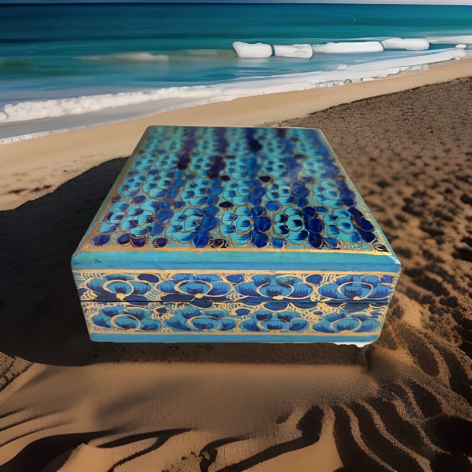 Stunning hand painted & handmade floral pattern paper mache jewelry box 5”inch