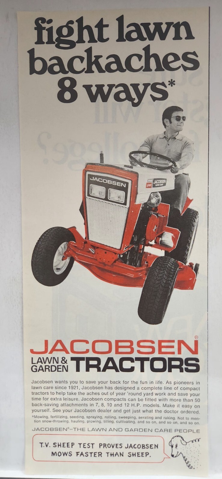 1969 Jacobsen Lawn Garden Tractors Retro Original Print Ad Life Magazine 60’s