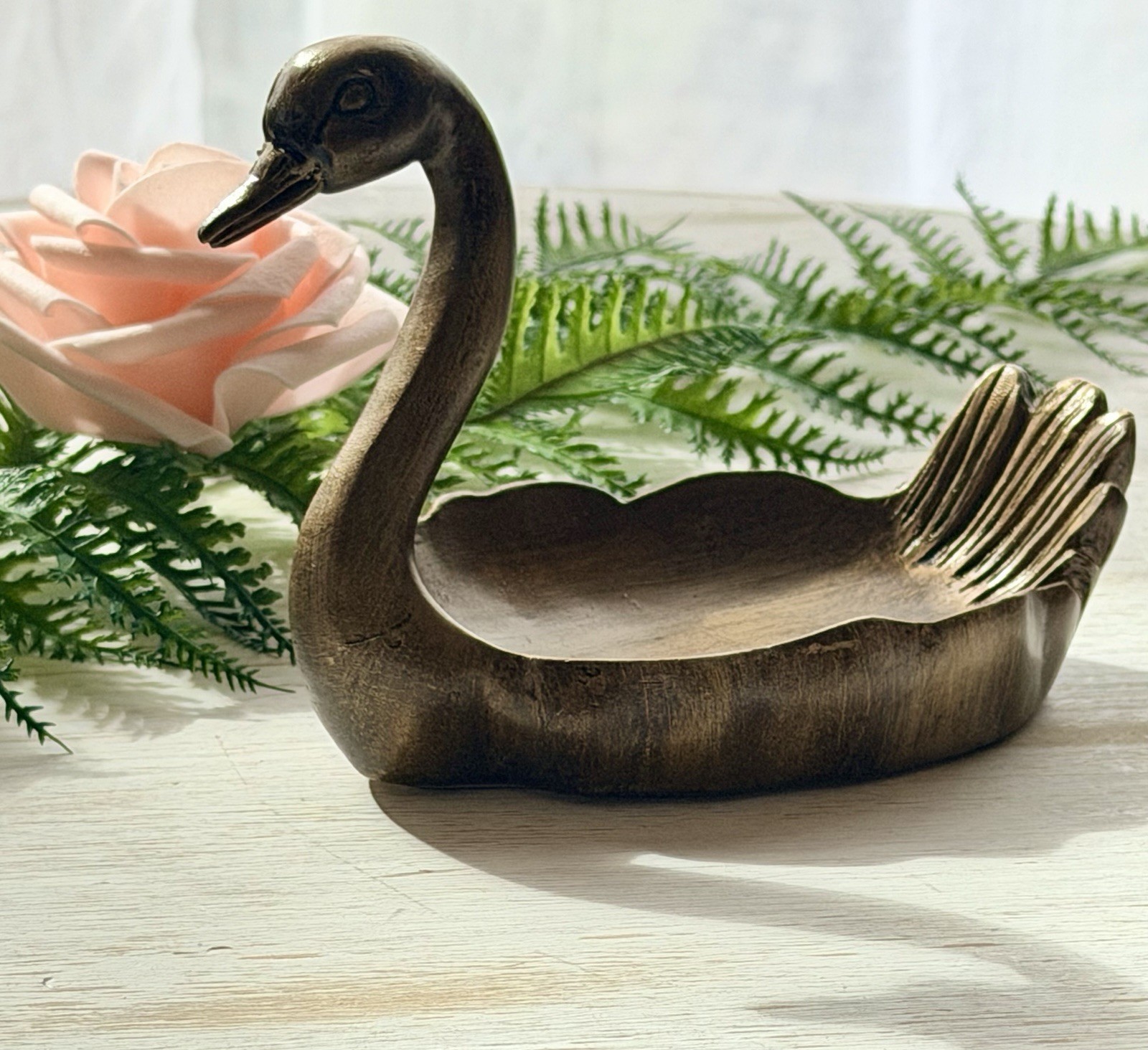 Vintage Style Wooden Gold Swan Figurine Swan Trinket Dish Gold Swan Bowl