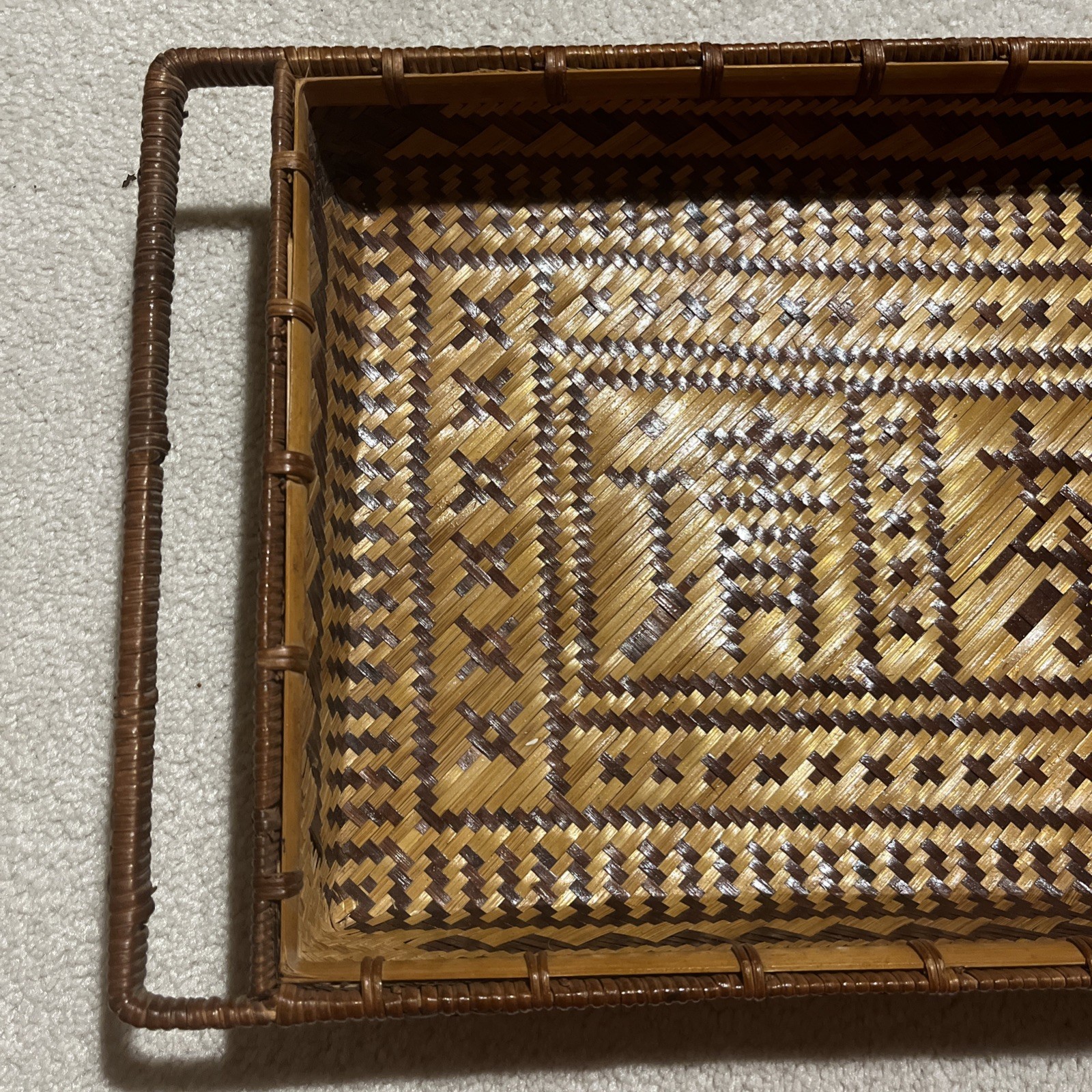 VTG Bamboo Rattan Woven Rectangular Tray Basket 14.5” x 9.75”w/ Handles /Mint C