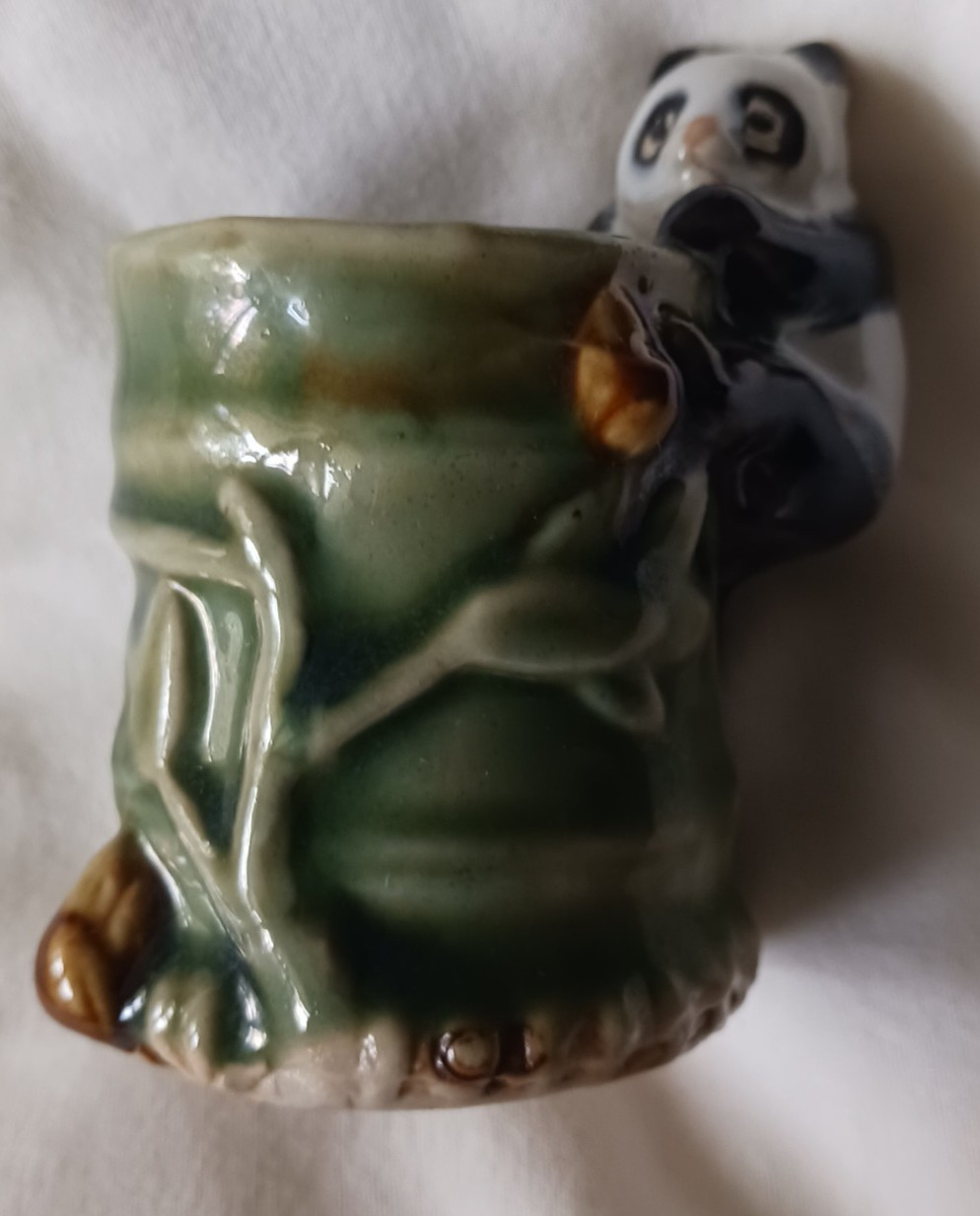 Panda Bear Ceramic Planter Toothpick Holder Vase Green Bamboo Vintage