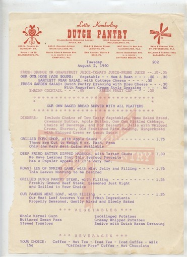 Dutch Pantry Lottie Kimberling Menu Pennsylvania & Florida 1960