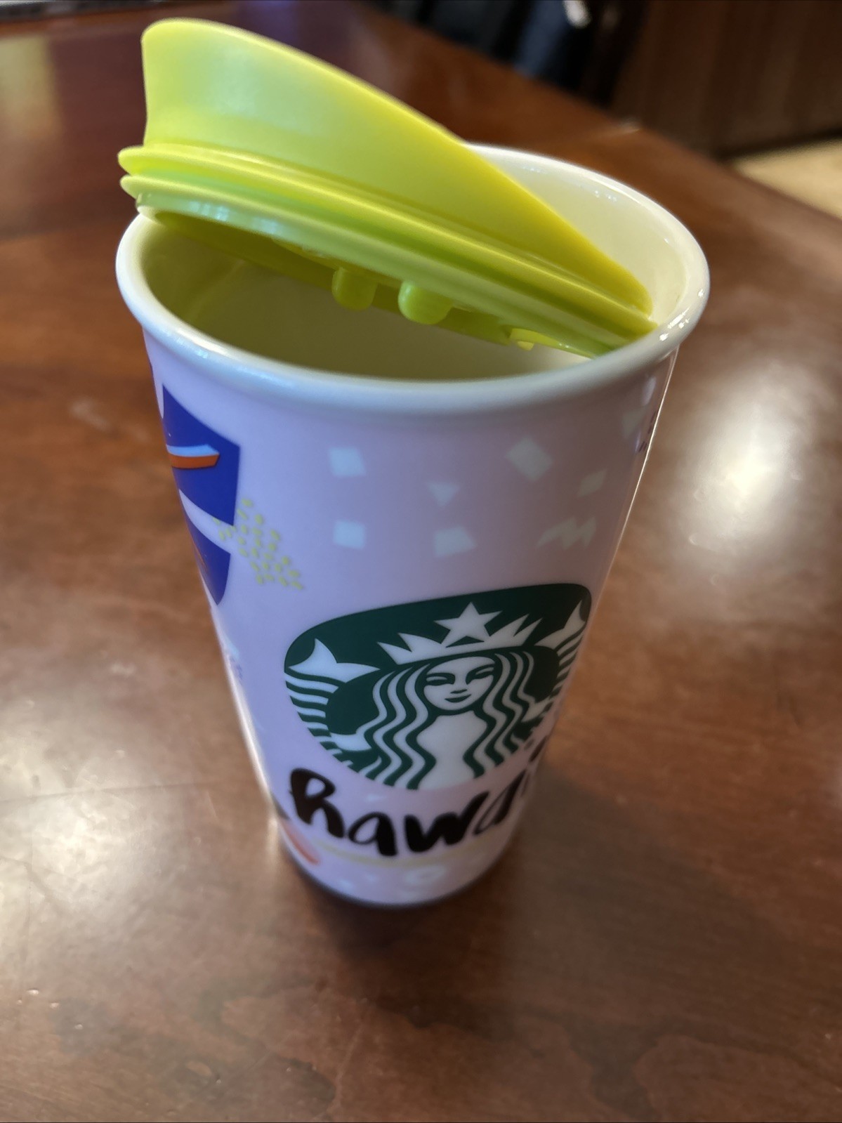 Starbucks Travel Mug Ceramic Coffee Cup Hawaii Pink Green Lid Palms Pineapple