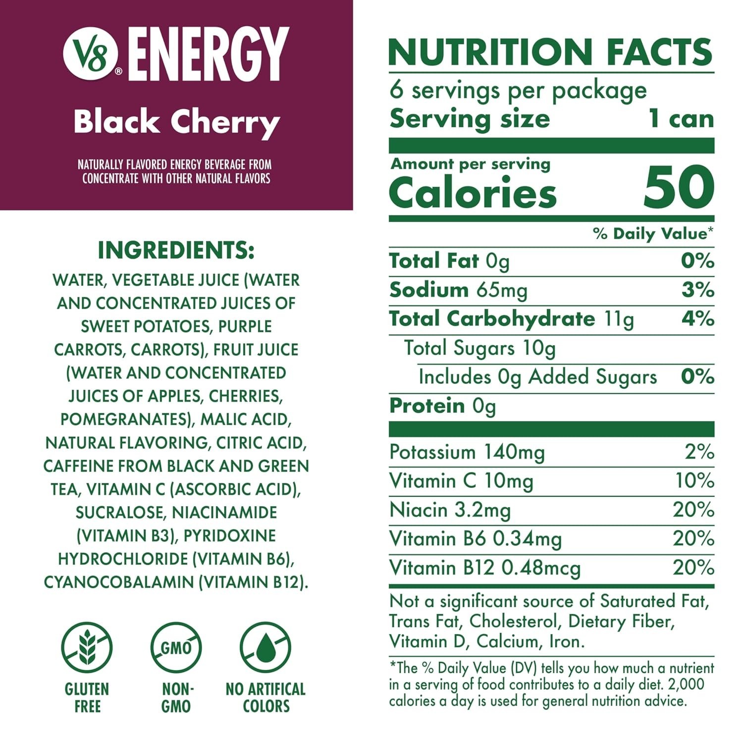 Energy Black Cherry Drink: Sugar-Free, Caffeinated & Gluten-Free 6 Pack
