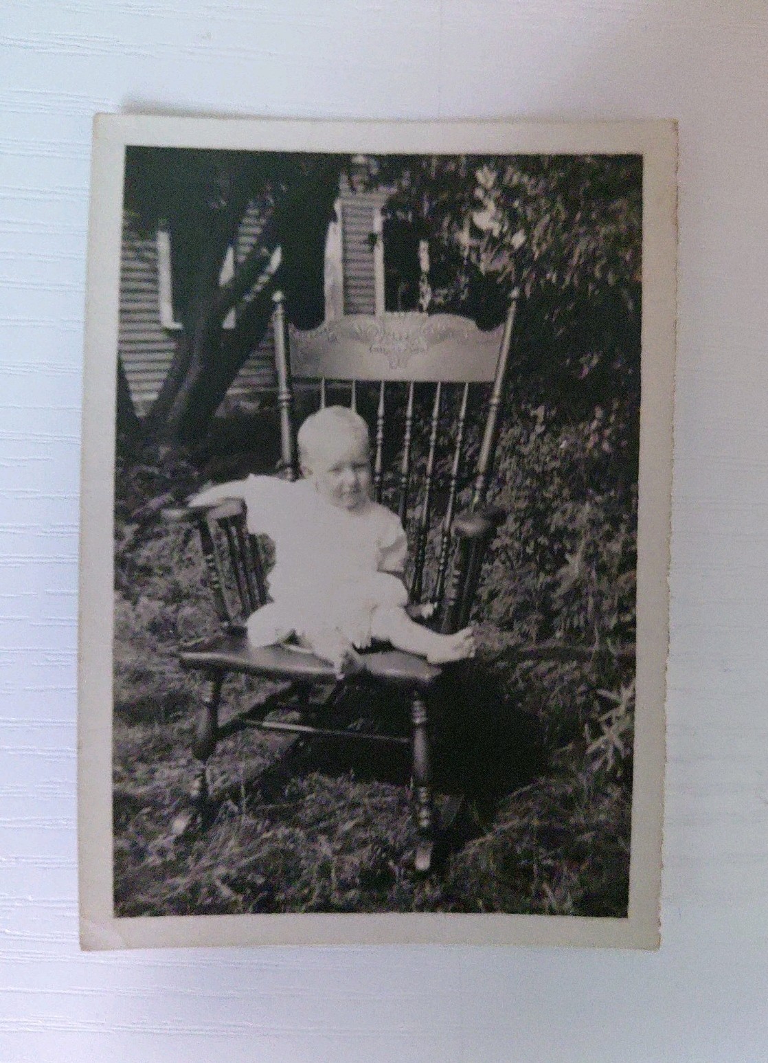 Vintage B&W Photo PATSY Little Toddler Cute Baby Seated In Antique Rocking Chair