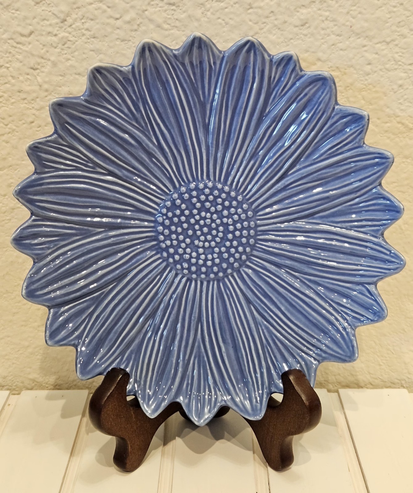 Vintage Blue Daisy Sunflower Ceramic Wall Plate Hanging Flower 8″