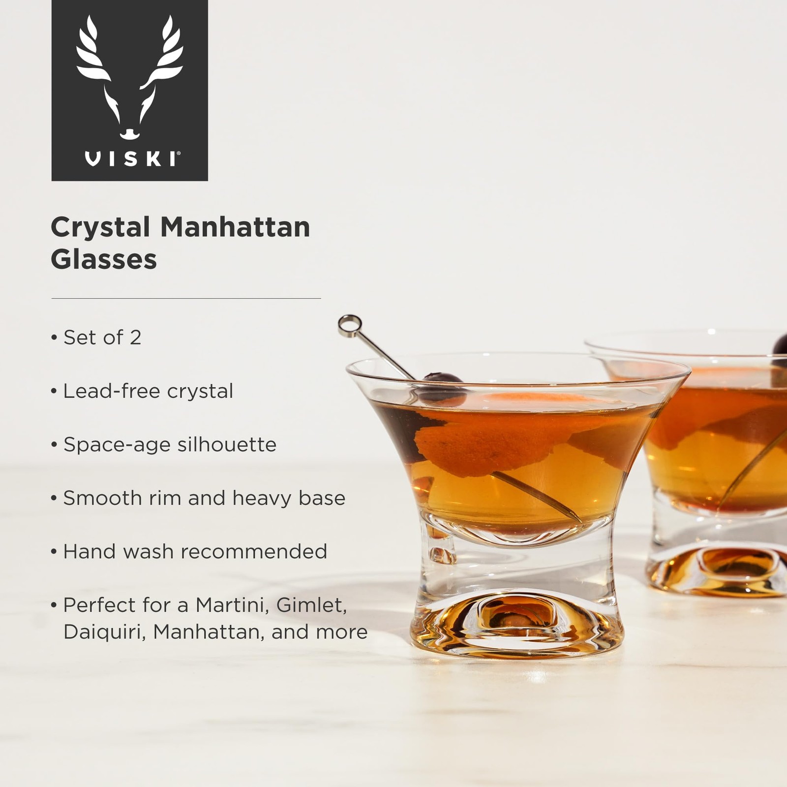 Viski Heavy Base Stemless Manhattan Glasses Set of 2 – 7 Ounces, Clear
