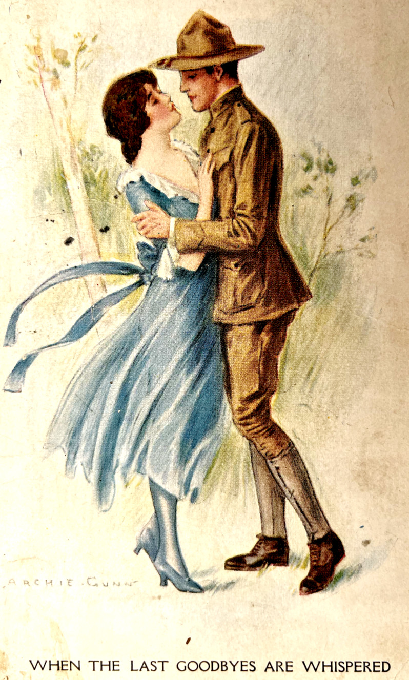 WHEN THE LAST GOODBYES ARE WHISPERED WWI POSTCARD Romantic Bittersweet Sad 1918