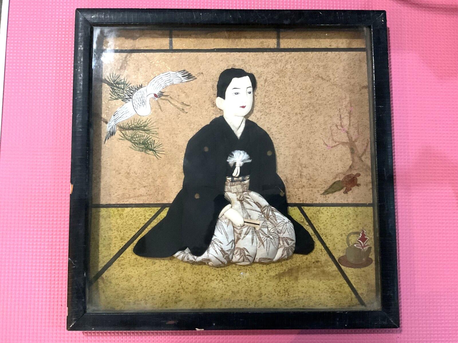 Vintage Japanese Shadow Box Art Geisha In Black Silk Kimono 16.75″x16.75″x1.5″