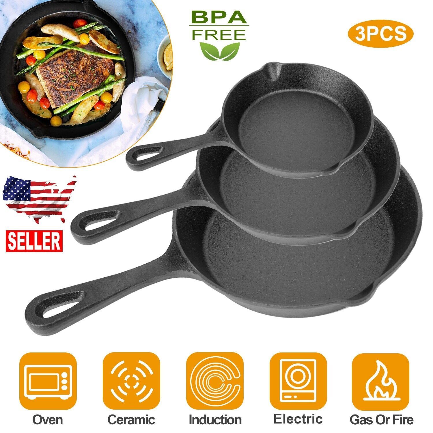 3 Pack Pre-Seasoned Cast Iron Skillet Set 6/ 8/10 IN Non-SticK Chef Frying Pans