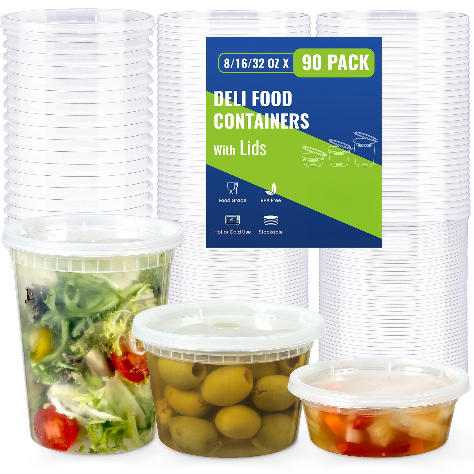 90 Sets Plastic Deli Containers With Lids, Assorted Sizes Combo 90 Set, Clear