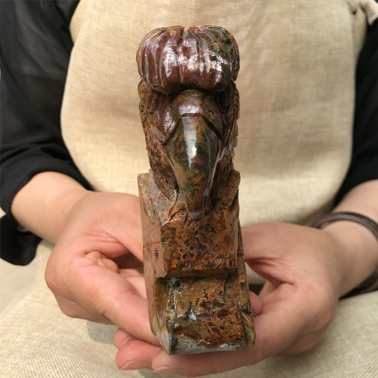 0.77kg Natural ocean jasper Quartz hand Carved eagle skull crystal Reiki xk399