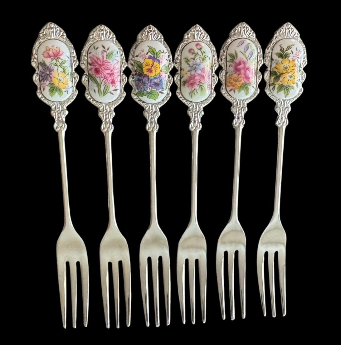 Vtg 50s Appetizer Cocktail Forks Set of 6 Japan Stainless Floral Porcelain MCM
