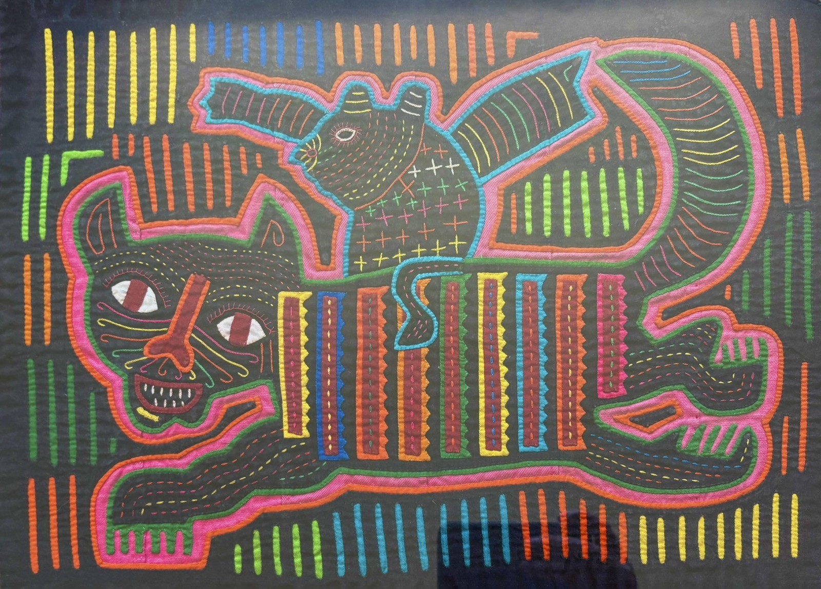 Vintage 70s Panama Mola Textile Art Animals Tiger & Bird ~16″x12″ Black Frame