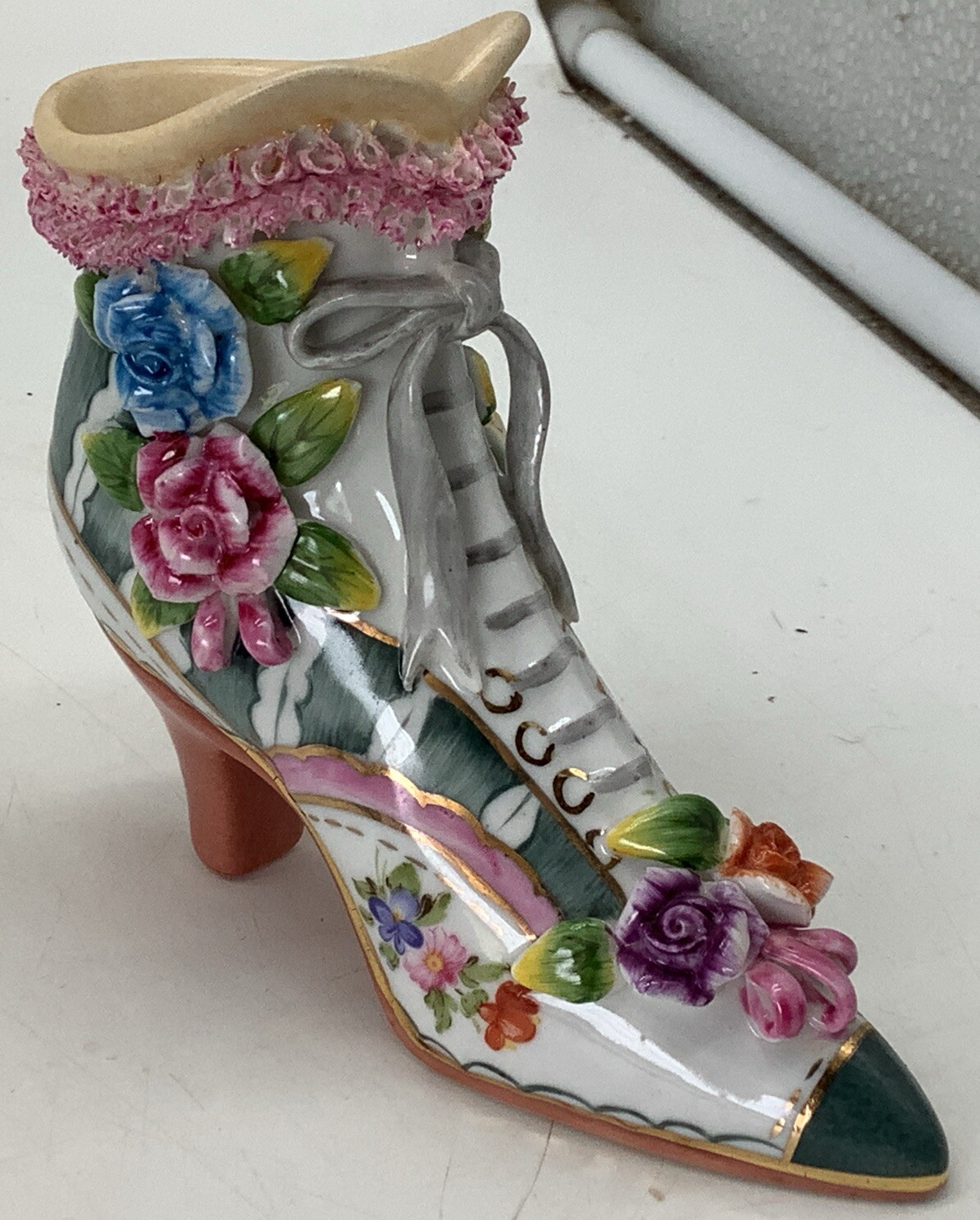 Ceramic Victorian Boot Shoe Blue Pink Flowers Spaghetti Trim Figurine 4.75”