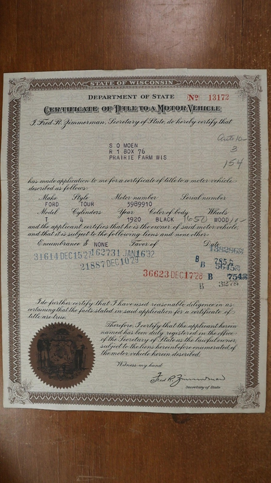 1920 Ford Model T Wood Wheels WI State Certificate Title Motor Vehicle Document