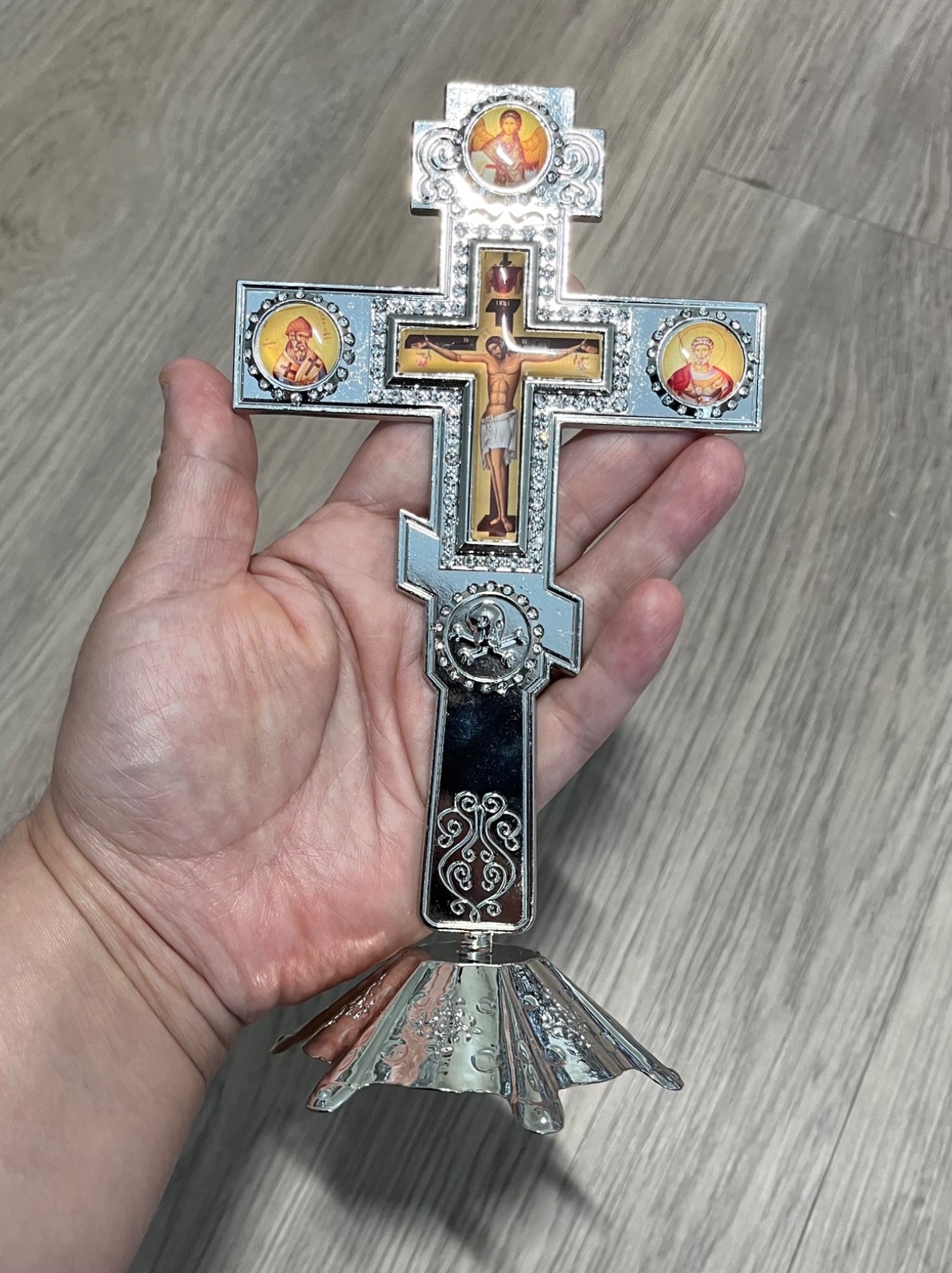 Large Byzantine Orthodox Icon Cross Crucifix 7.3” Silver Jesus Christ Eastern