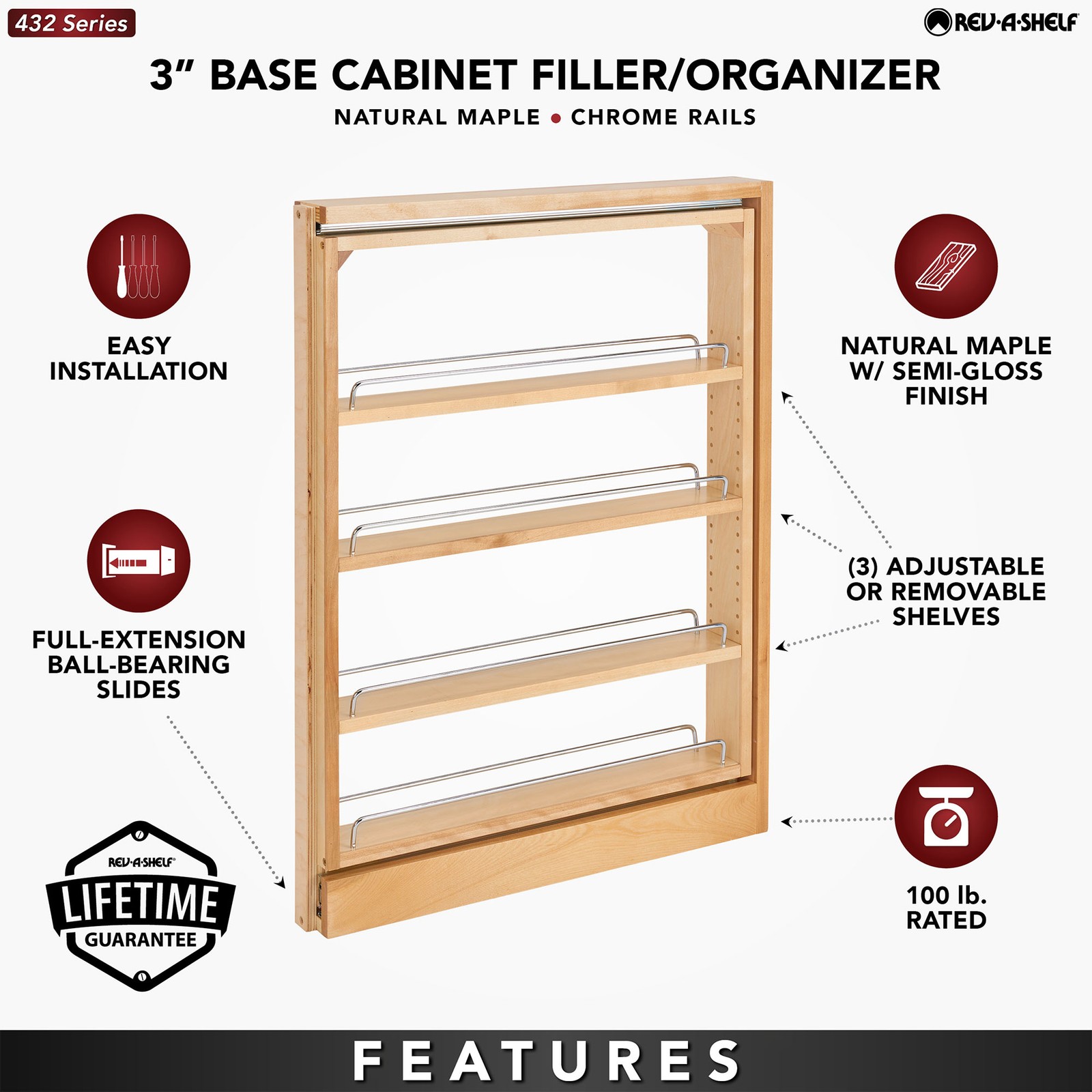 Rev-A-Shelf 3″ Pull Out Kitchen Cabinet Filler Organizer Spice Rack, 432-BF-3C