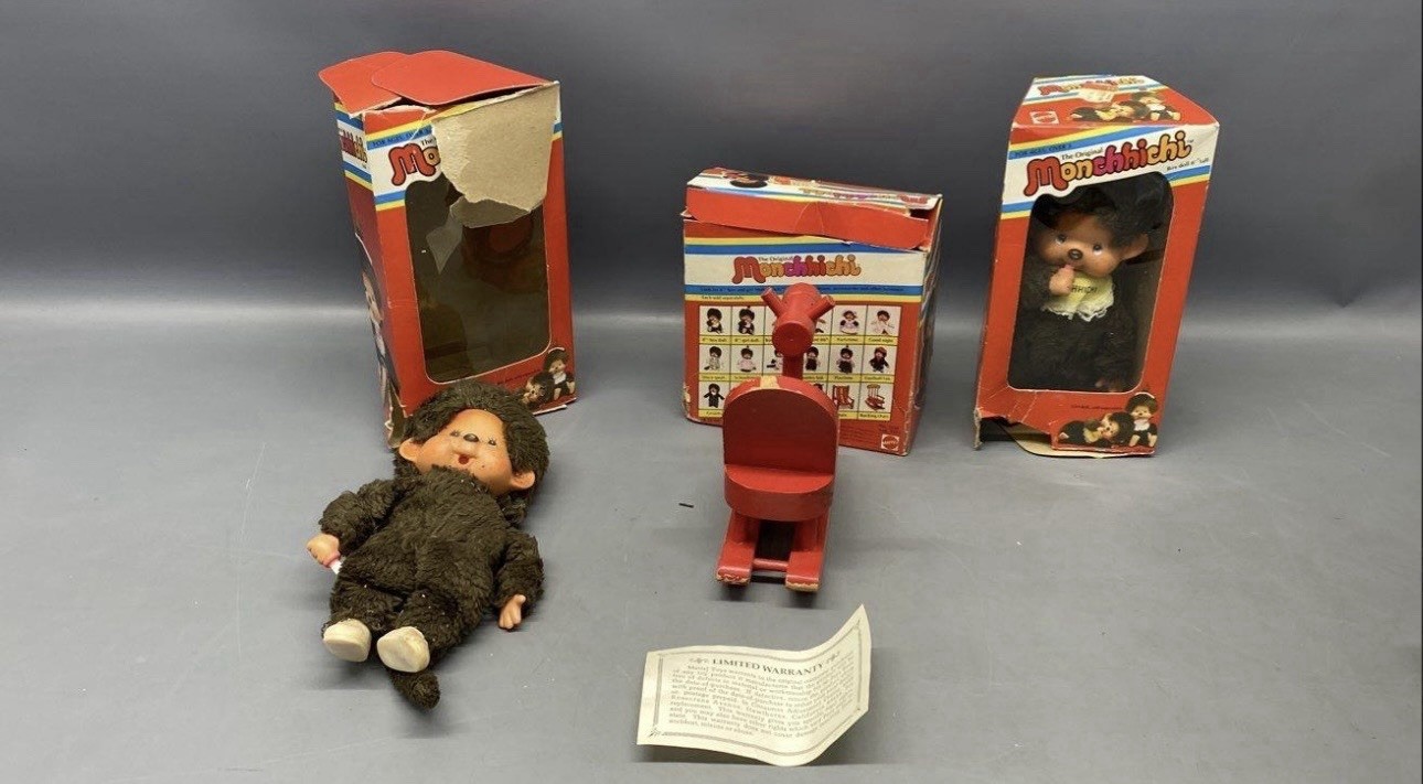 2 Lot Monchhichi, Vintage – 1974 with blue eyes, Sekiguchi company 8in Box Horse