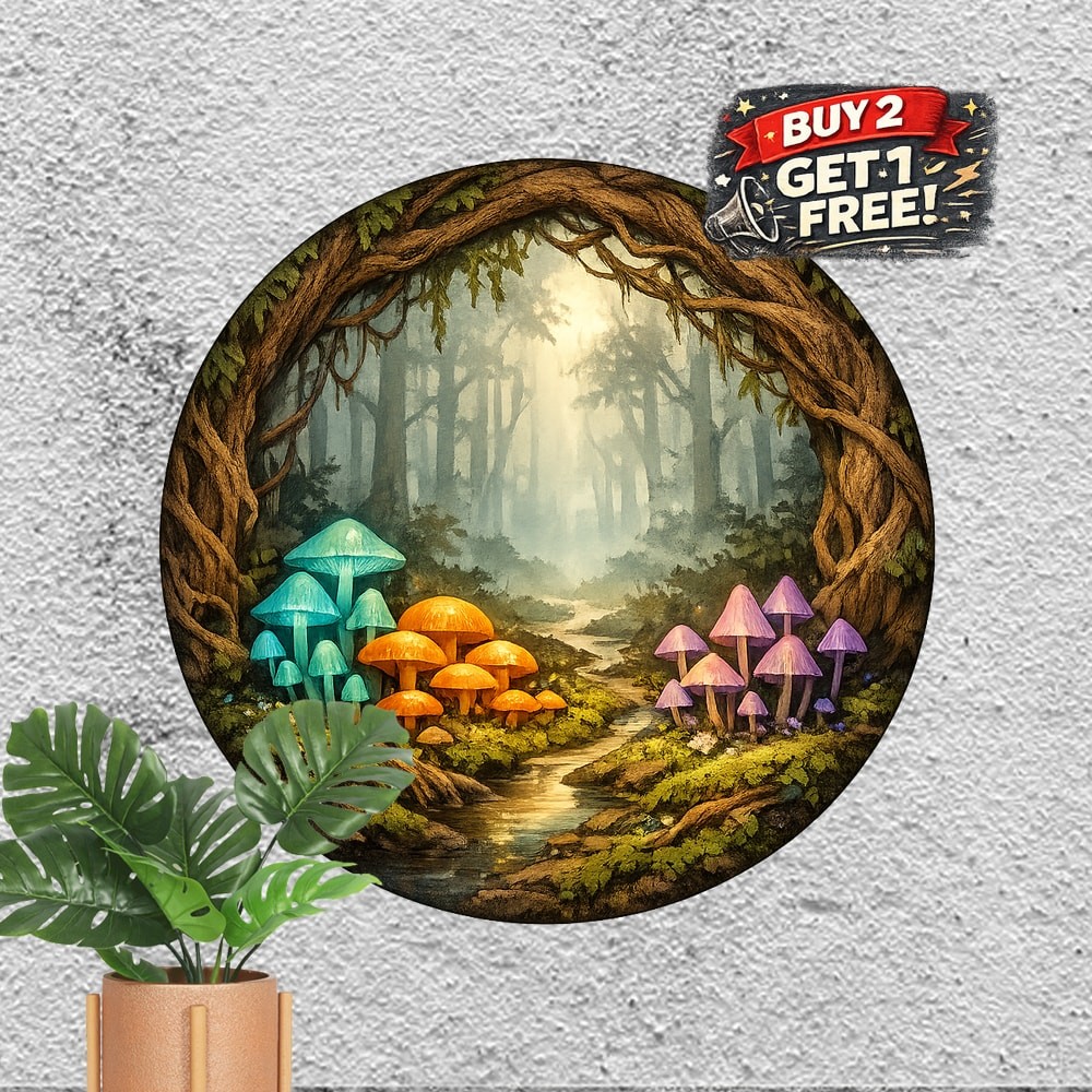 3D Effect Mushroom Round Metal Sign Retro Forest Wall Hanging Decor Plaque